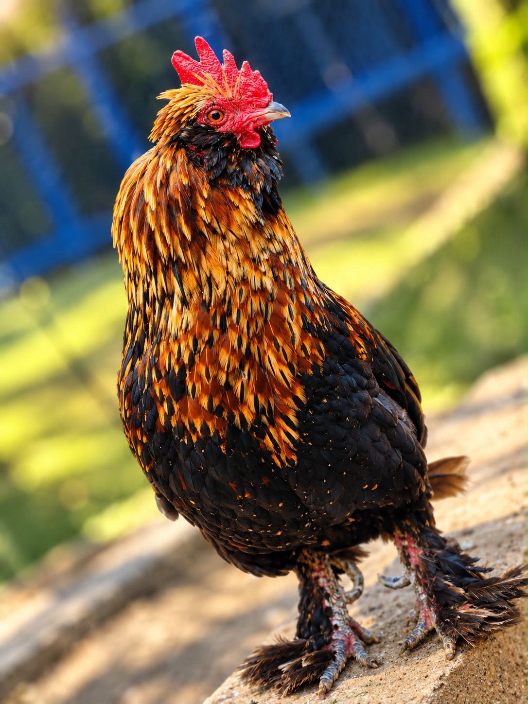 Ave de plumagem preta e dourada na fazendinha do colégio