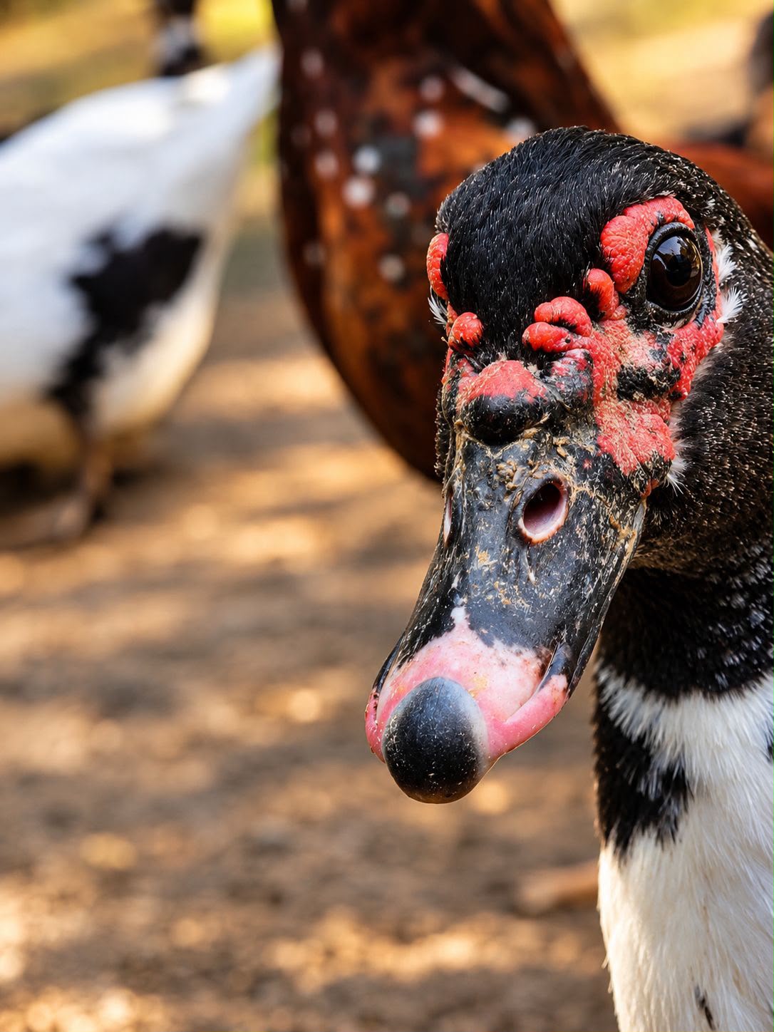 Pato fotografado de perto na fazendinha do colégio
