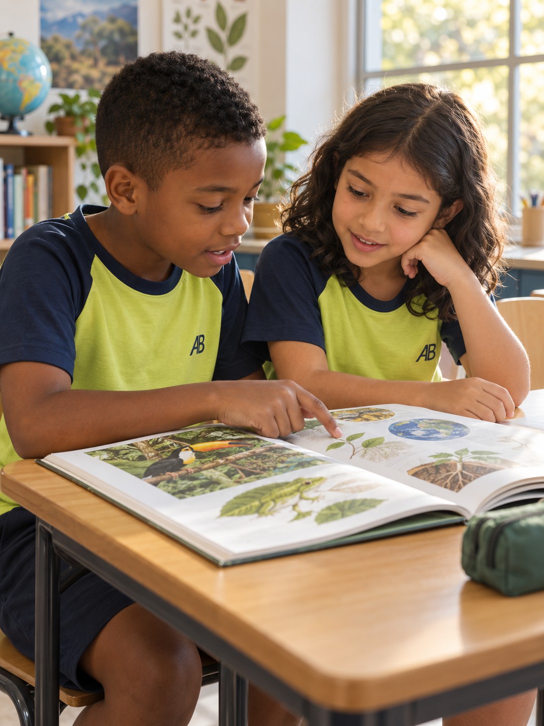 Imagem ilustrativa: crianças fictícias lendo juntas um livro de ciências