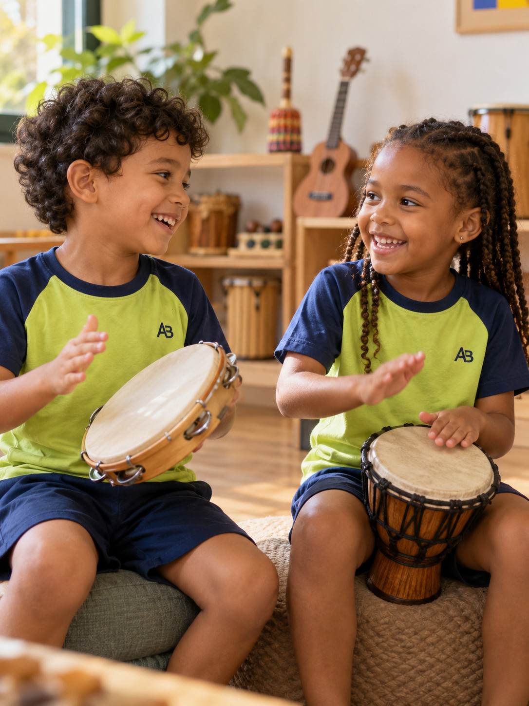 Imagem ilustrativa: crianças fictícias explorando instrumentos de percussão