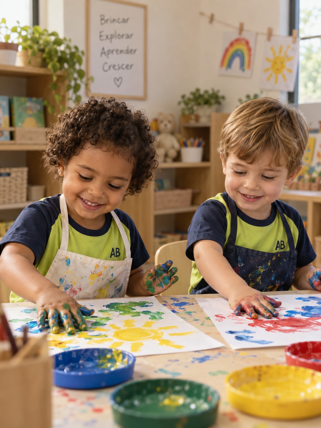 Imagem ilustrativa: crianças fictícias fazendo pintura com as mãos